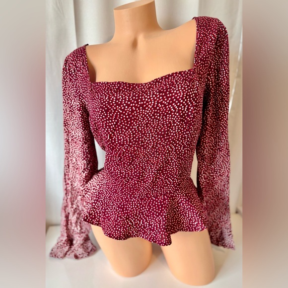 Express Burgundy White Polka Dot Square Neck Long Sleeve Blouse Top Size L NWT - Picture 1 of 10